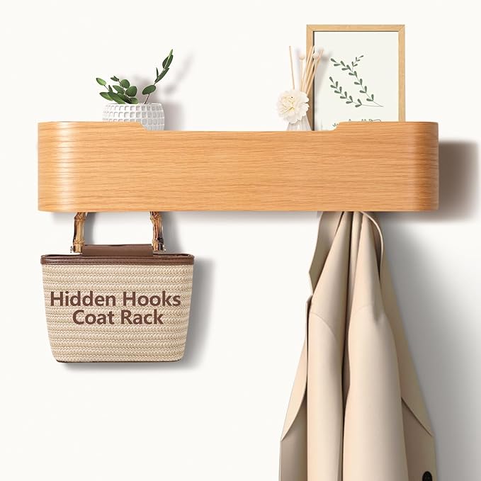 Coat Rack Wall Mount with Hidden Hooks Entryway Hanging Shelf Modern Wood Coat Hanger for Bedroom Kitchen Hallway Bathroom (Oak, 16.6 Inch Long)-Ruum Studio Home