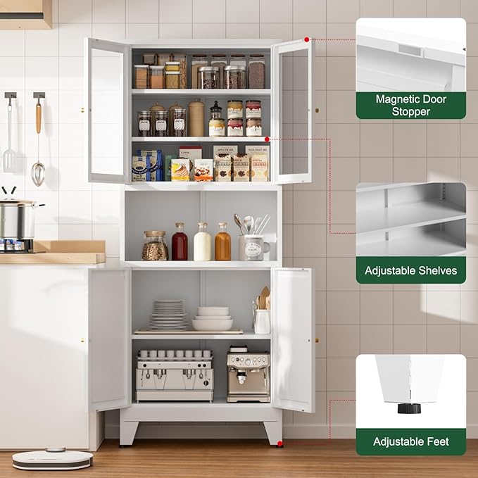 69" Tall Pantry Cabinet, Kitchen Storage Cabinet with 2 Glass Doors and Adjustbale Shelves, Freestanding Metal Cupboards for Dining Room, Living Room, Bathroom-Ruum Studio Home