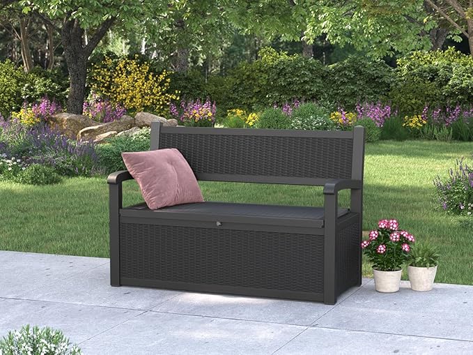 70 Gallon Deck Bench with Storage,Outdoor Storage Box Bench Waterproof&Lockable, Resin Patio Furniture with Armrest for Patio, Porch, Garden,Black-Ruum Studio Home