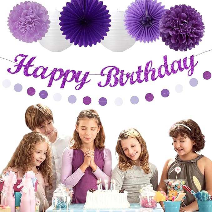 Purple White Birthday Party-Decorations Paper-Flowers - 14pcs Happy Banner Lavender Lanterns Tissue Pom Poms,Lilac Streamers Garland Fans,Women Girls Adult Kids Office Hanging Supplies Decor Hugfond-Ruum Studio Home