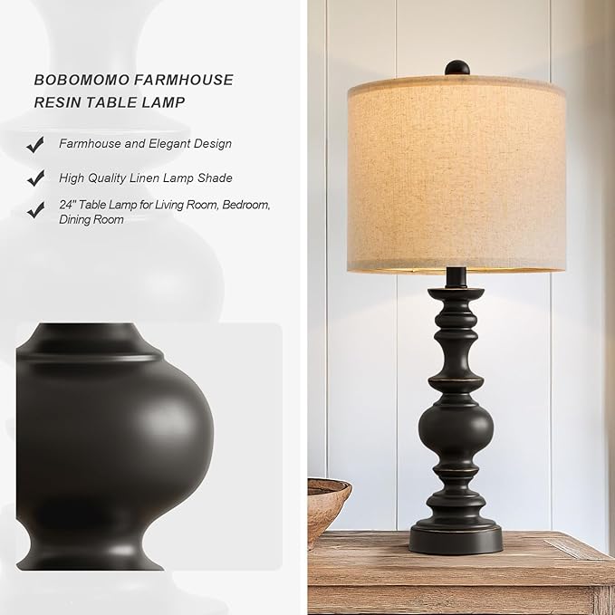 BOBOMOMO 24" Traditional Farmhouse Table Lamp Set of 2, Vintage Resin Lamps for Living Room Bedroom, Rustic Nightstand Lamp with Linen Shades, Retro Black Table Lamps for Living Room, Bedroom, Office-Ruum Studio Home