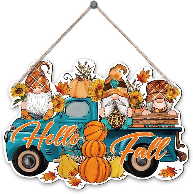 Hello Fall, Wood Hanging Gnome Decoration, Hello Fall Wood Hanging Decors, Rustic Thanksgiving Decors for Porch, Indoor Outdoor Autumn Door Decor(Truck), Housewarming Gift, Home Indoor Outdoor Decor-Ruum Studio Home
