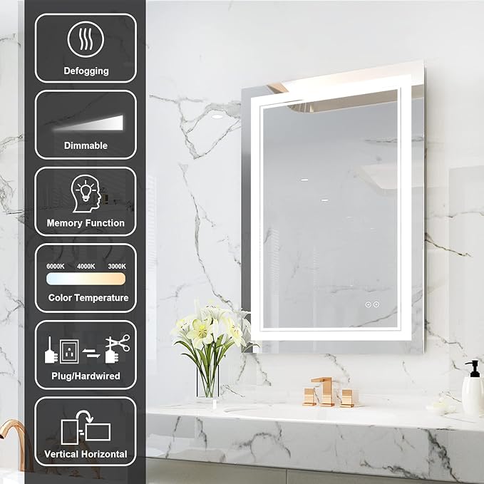 WELLFOR LED Bathroom Vanity Mirror 24 x 36 Inch, Lighted Anti-Fog Dimmable Mirror, IP44 Waterproof Wall Mounted Makeup Mirror, Packed with US Standard Plug and Touch Switch, (Horizontal/Vertical)-Ruum Studio Home