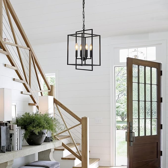 4-Light Vintage Black Chandelier, Foyer Lighting Fixtures Farmhouse Chandeliers for Dining Room, Modern Industrial Lantern Pendant Light for Kitchen Island Entryway Stairway-Ruum Studio Home