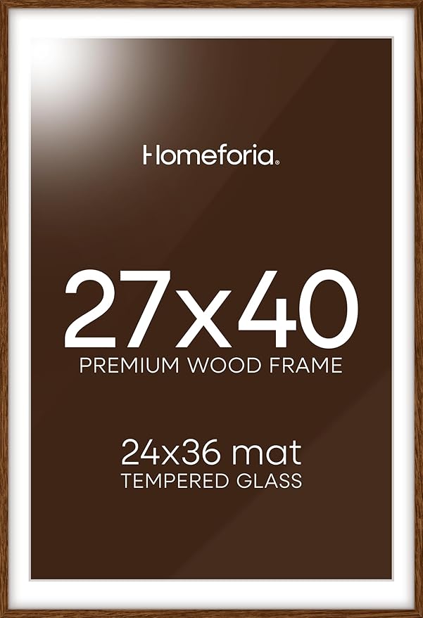 Homeforia 27x40 Poster Frame Brown, High End Dark Oak 27x40 Large Wooden Frame with Mat 24x36, 27 x 40 Walnut Wood Picture Frame Matted to 24 x 36, 40x27 Thin Frame, Tempered Glass, Wall Kit, Set of 1-Ruum Studio Home
