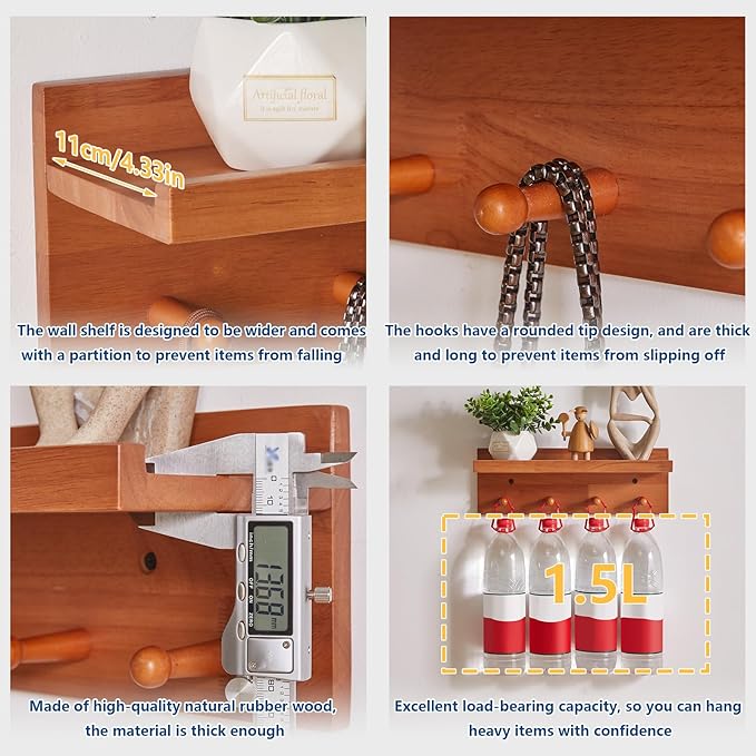 Wall Mounted Hook with Shelf,15.75in Entryway Wall Hanging Shelf,Solid Wood Coat Hooks,for Bathroom, Kitchen,Cherry Wood Color YD-WS0240C-Ruum Studio Home