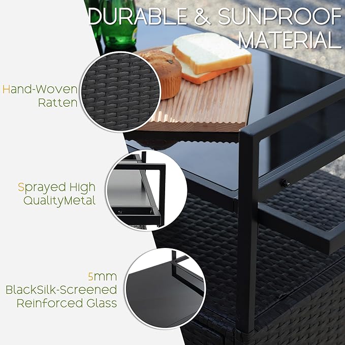 Wicker Outdoor Bar Cart - Black Patio Console Storage Table Buffet Cabinet Serving Kitchen Cart with Wheels for Outside Backyard-Ruum Studio Home