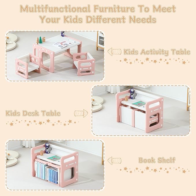 3 in 1 Montessori Weaning Table and 2 Chairs Set, Kids Desk and Chair Set, 2 Height Levels, Toddlers Activity Table for Drawing, Dining, Reading and Playing, Pink-Ruum Studio Home