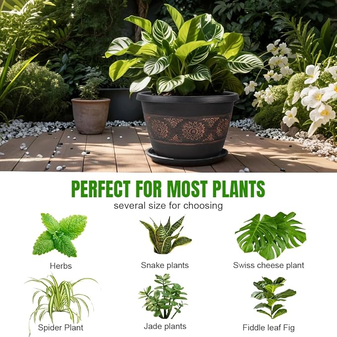 6 Pack 8 inch Plant Pots, Retro Pattern Planters with Drainage Holes and Saucer, Sturdy Plastic Garden Flower Pots for Indoor & Outdoor Plants-Ruum Studio Home