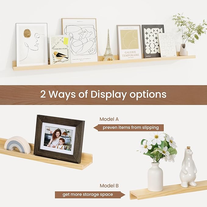 Picture Ledge Shelf, Solid Pine Wood Floating Shelves Set of 2, 48 Inches Nursery Book Shelves for Toys Storage, Kids Bookshelf Wall Mounted for Living Room Decor Photo Frames, Unfinished Natural-Ruum Studio Home
