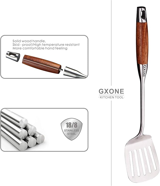 Metal Spatula,304 Stainless Steel Wok Spatula with Heat Resistant Wooden Handle,Silver/15.7Inch-Ruum Studio Home