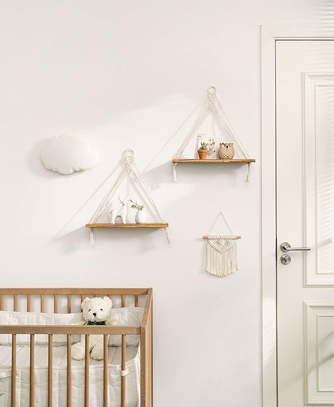 Mkono Macrame Hanging Shelves Boho Wall Decor Set of 2 Rustic Wood Floating Storage Shelf for Bedroom Bathroom Living Room Nursery Dorm Room, Display Shelving for Hanging Plants Photos-Ruum Studio Home