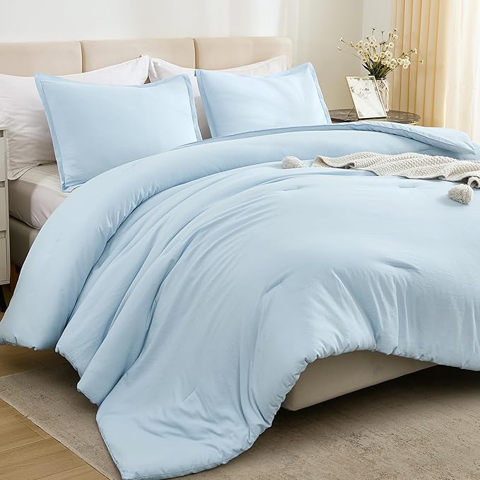 Litanika Comforters Light Blue King Size, 3 Pieces Lightweight Solid Bedding Comforter Set, All Season Fluffy Bed Set (104x90In Comforter & 2 Pillowcases)-Ruum Studio Home