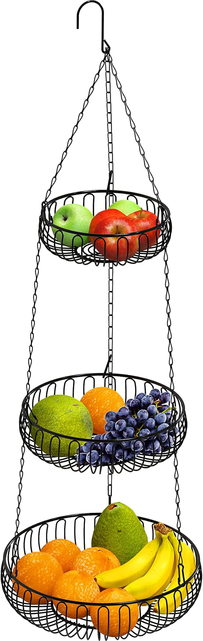 Simple Houseware Adjustable Metal Hanging Fruit Basket, Oblate, Black, 11" W x 11" L x 30" H-Ruum Studio Home