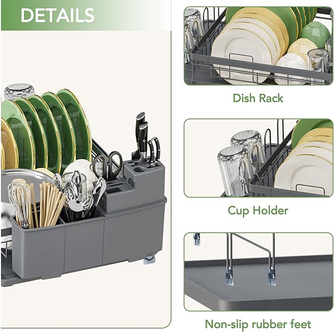 ROTTOGOON Expandable Dish Drying Rack,Multifunctional Adjustable Dish Drainer with Swivel Spout and Anti-Rust Dish Rack with Removable Cutlery & Cup Holders for Kitchen Counter,Dark Grey-Ruum Studio Home