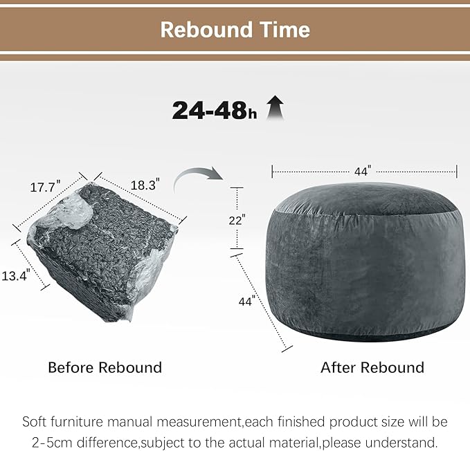 Bean Bag Chairs for Adults - Memory Foam Furniture BeanBag Chair - Kids/Teens Sofa with Soft Micro Fiber Cover - Round Fluffy Couch for Living Room Bedroom College Dorm - 4 ft, Grey-Ruum Studio Home