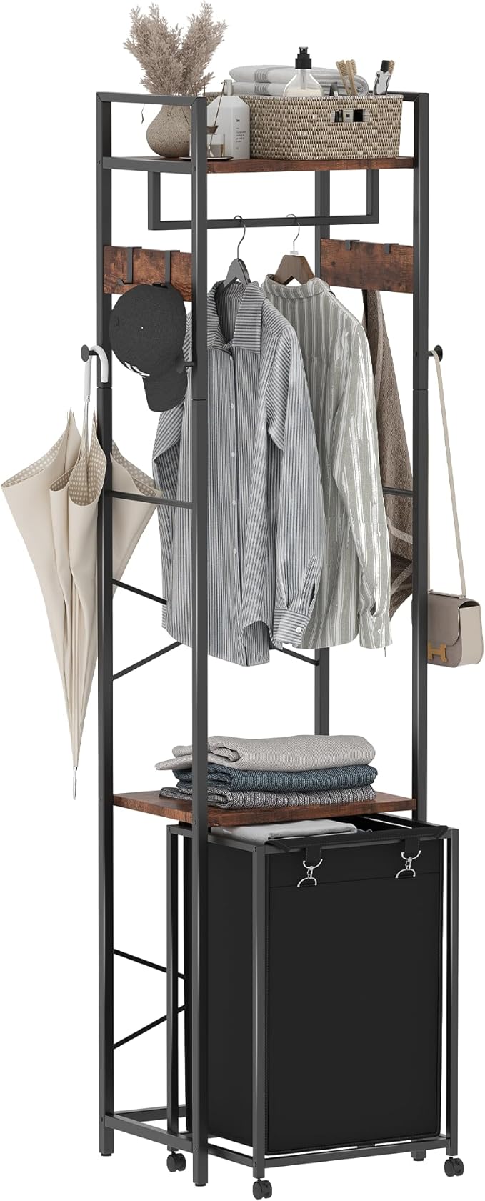 Coat Rack with Laundry Basket, Laundry Hamper Freestanding Hall Tree, Clothes Rack with Storage Shelves, 14.5 Gal Removable Bags on Wheels, Black and Brown JLH005SR-Ruum Studio Home
