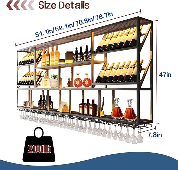 78.7Inch Wall Mounted Wine Rack, 3 Tiers Large Bar Shelves with 21 Glass Holder, Metal Wine Bottle Display Shelf, Modern Iron Liquor Shelf, for Kitchen Dining, Home Bar, Cellar (78.7" W)-Ruum Studio Home