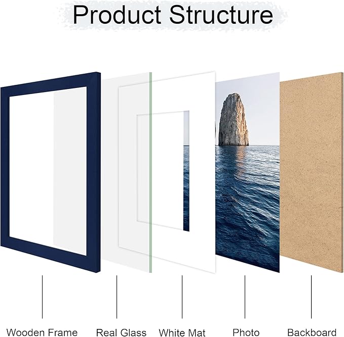 8x10 Picture Frame Set of 4, 8 x 10 Wood Photo Frames with Mat for 5x7, Natural Wooden Frame with Real Glass Cover for Wall and Tabletop Display,Blue-Ruum Studio Home