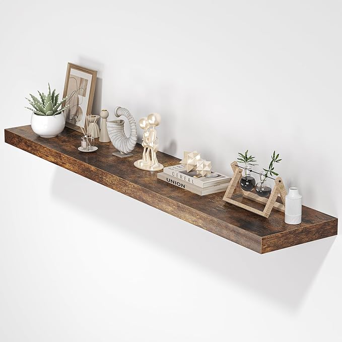 Floating Shelves for Wall, 55"W x 9.3"D x 1.5"H, Long Wooden Wall Mounted Display Shelf with Invisible Brackets for Living Room, Bedroom, Bathroom, Kitchen Decor & Storage,Set of 1,Rustic Brown-Ruum Studio Home