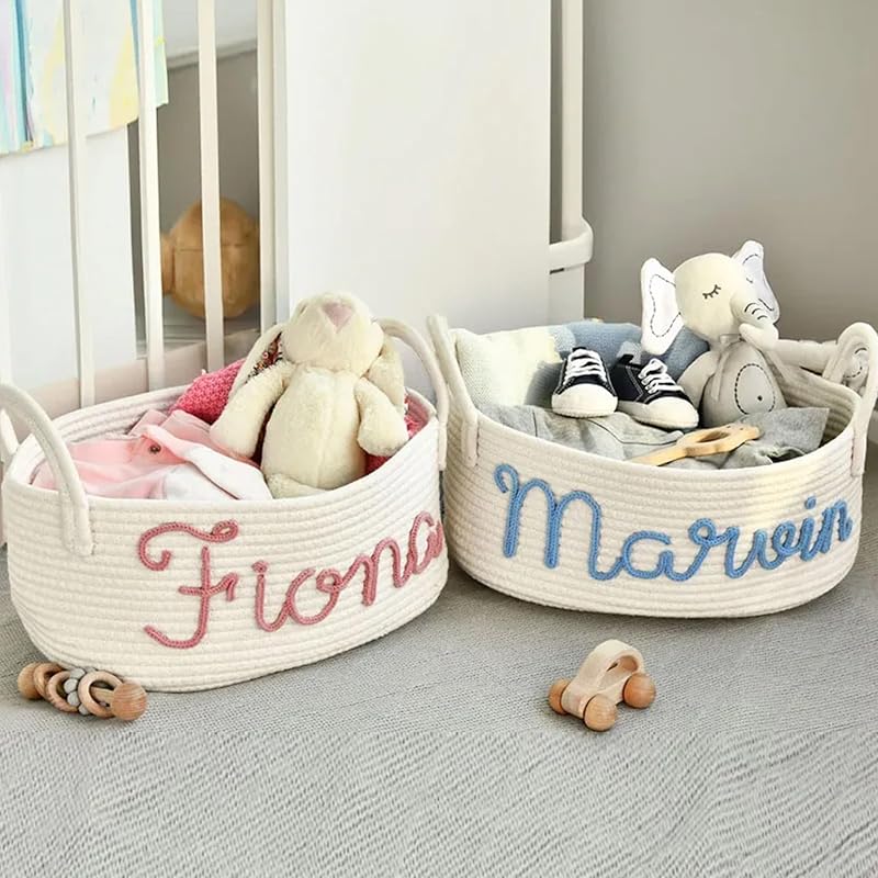Personalized Baby Name Basket, Custom Woven Baby Shower Gift Basket with Cotton Rope Handle Baby Diaper Nursery Shelf Storage Basket Bin for Kids' Bedroom (Style 4)-Ruum Studio Home
