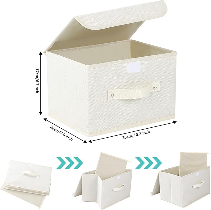 Storage Boxes, Collapsible Storage Bins with Lids, Cotton and linen cloth Storage Baskets with Handle, for Books, Closet, Bedroom, Home, 10.2x7.9x6.7 in, Beige-Ruum Studio Home