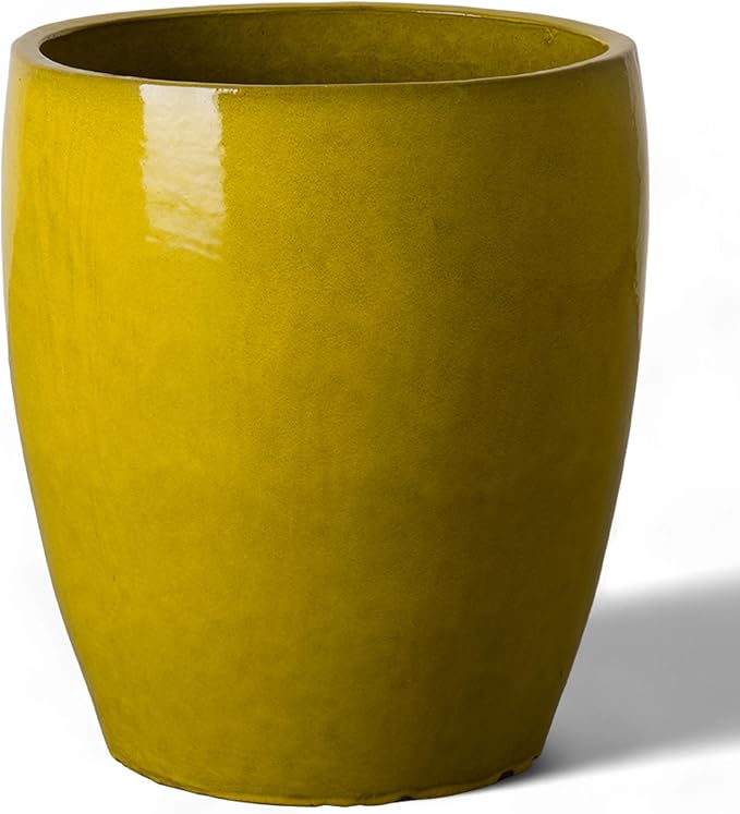 Emissary Bullet 18 in. Mustard Yellow Ceramic Round Planter (18 in. L x 18 in. W x 21 in. H) with Drainage Hole-Ruum Studio Home