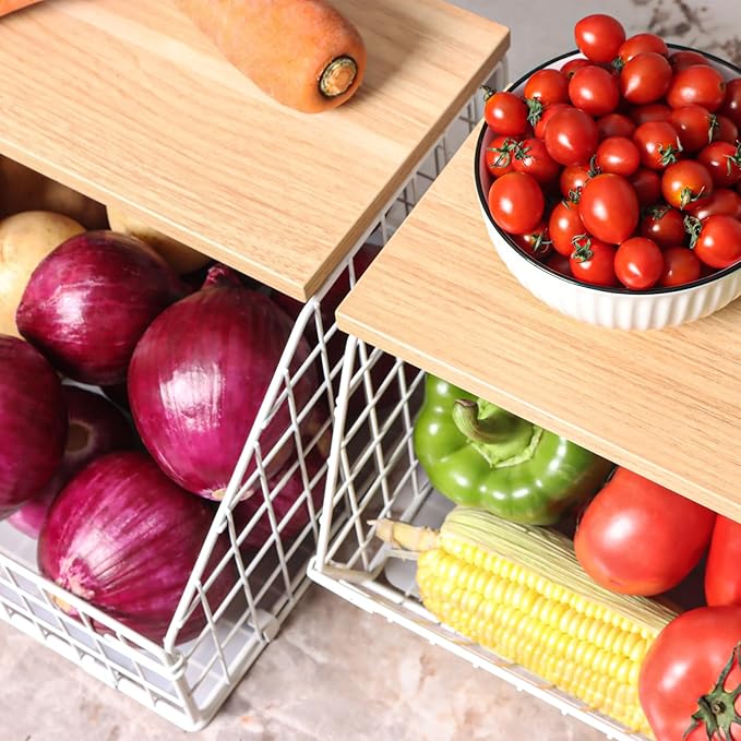 White Fruit Bowl, 2-Tier Fruit Basket for Kitchen Counter, Stackable Wall Mounted Veggie Storage, Snack Organizer, Potato and Onion Storage Basket, Hanging Pantry Organizer with Wood Lid, 2 Set-Ruum Studio Home