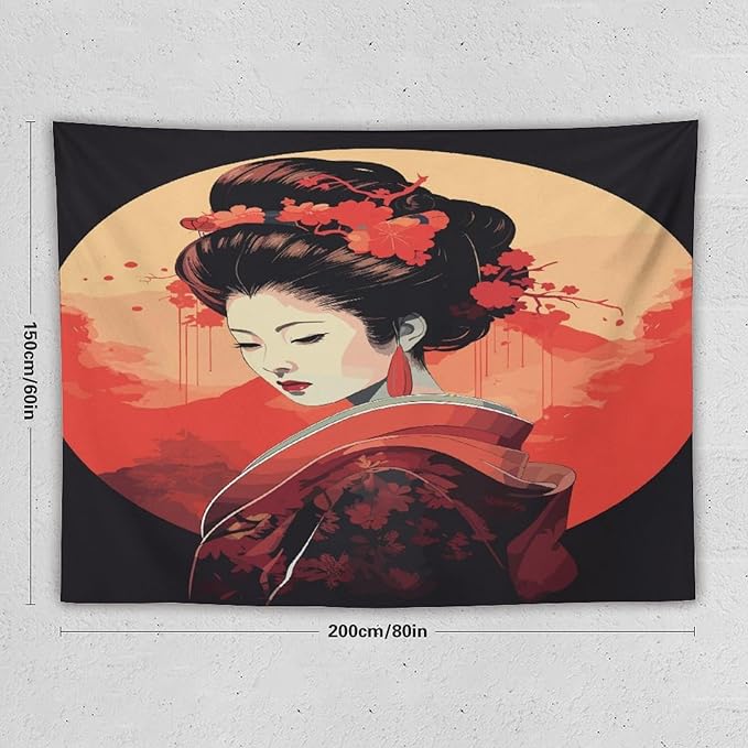 Japanese Woman Geisha Tapestry Asian Cherry Blossom Red Sun Traditional Kimono Folk Tapestries Home Decor for Living Room Bedroom Apartment Farmhouse Dorm 80"x60"-Ruum Studio Home