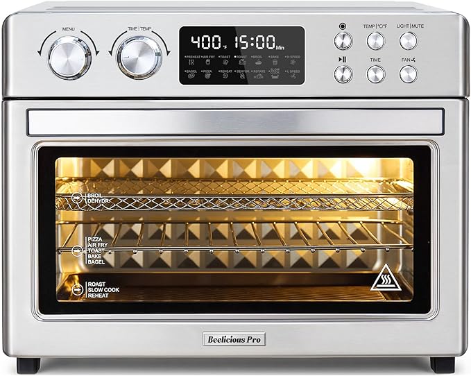 28QT Air Fryer Toaster Oven Combo, Large 12-in-1 Convection Countertop Oven with Next-Gen HeatWave Convection, 3-Layer Cooking, Rotisserie for Chicken, Fits 11" Pizza, Full Accessorie, Stainless Steel-Ruum Studio Home
