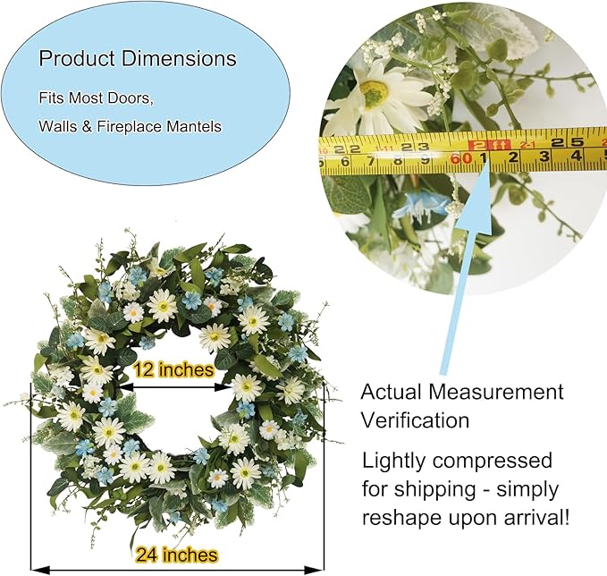 24 Inch Wreaths for Front Door, Large Spring Summer Artifiical Wreath with Blue White Daisy Flower, All Season Floral Wreaths for Porch Window Wall Decor Outside Indoor Outdoor Decorations-Ruum Studio Home