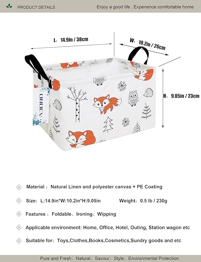 Rectangular Folding Laundry Basket,waterproof Canvas Basket,gift basket,Suitable for children's room,Office,Clothes,Toys Storage（Fox）-Ruum Studio Home