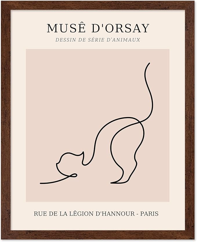 Poster Master Vintage Poster - Retro One Line Cat Drawing Print - Cat Art - Minimal Gift for Men, Women, Animal Lover - Abstract Wall Decor for Home, Office, Bedroom, 16x20 Brown Framed-Ruum Studio Home