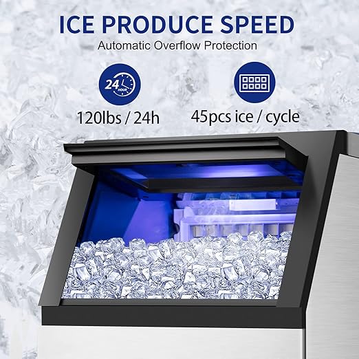 Commercial Ice Maker Machine 120Lbs/24H with 35Lbs Ice Capacity, 45Pcs Clear Ice Cubes Ready in 11-20Mins, Stainless Steel Under Counter Freestanding Large Ice Machine, 2 Water Inlet Modes-Ruum Studio Home