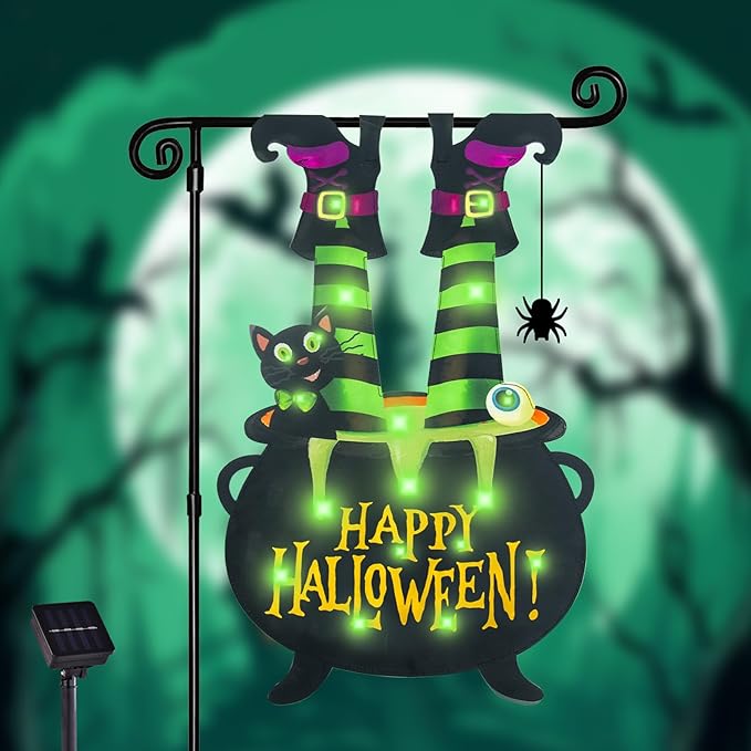 Halloween Lighted Garden Flag for Outside, Witch Feet Shape Flag Yard Decor, 8 Modes 12x18 Double Sided Cauldron Eyeball Black Cat Outdoor Hlloween Decorations for Home Porch-Ruum Studio Home