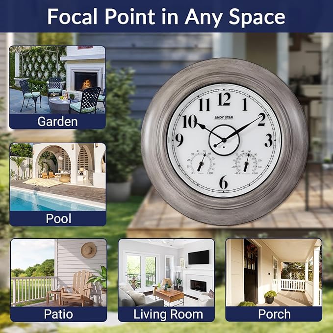 Andy Star 21 Inch Large Luminous Outdoor Wall Clock and Temperature for Patio, Pool, Oversized Round Wall Clocks Waterproof, Vintage Brushed Gray Oak Wooden Finish Silent Non Ticking-Ruum Studio Home