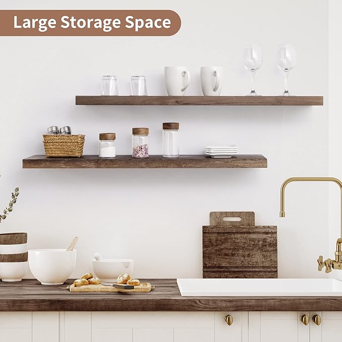Axeman Floating Shelves for Wall, 8 Inch Deep Rustic Solid Elm Wood Wall Shelves for Storage, Wall Mounted Display Shelving with Invisible Heavy-Duty Metal Bracket, 36'' Width Set of 2, Walnut-Ruum Studio Home