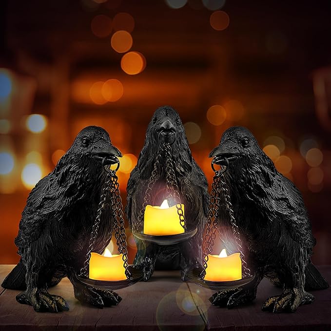 Raven Gothic Home Decor Fake Crow Light Holder Raven Lamp Tealight Candle Holder Resin Raven Statue 3PCS-Ruum Studio Home