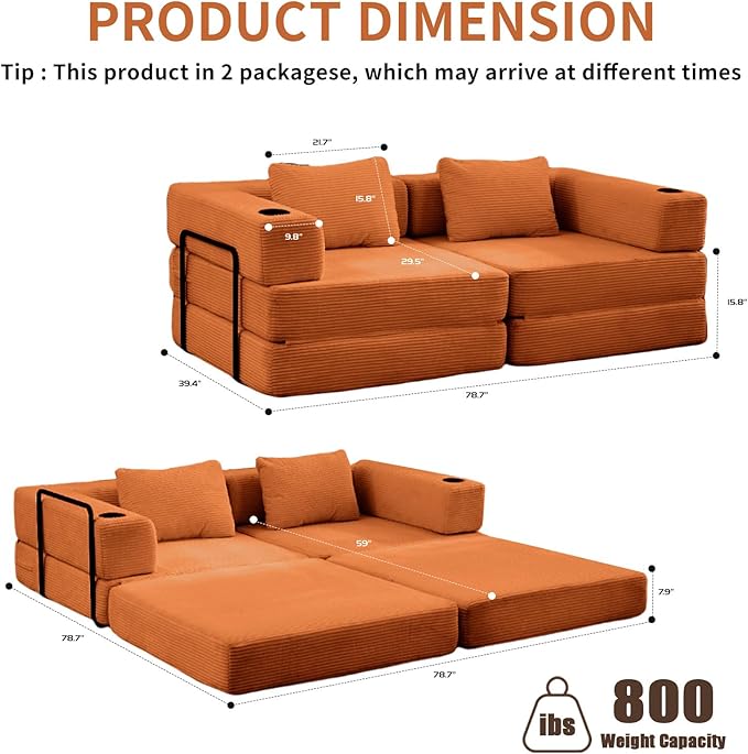78" W Loveseat Sofa, 4 in 1 Convertible Floor Sofa Bed, Boneless Cloud Couch with Cup Holder, Fold Out Floor Couch, Loveseat Recliner Sleeper for Living Room Bedroom Lounge(Corduroy, White)-Ruum Studio Home