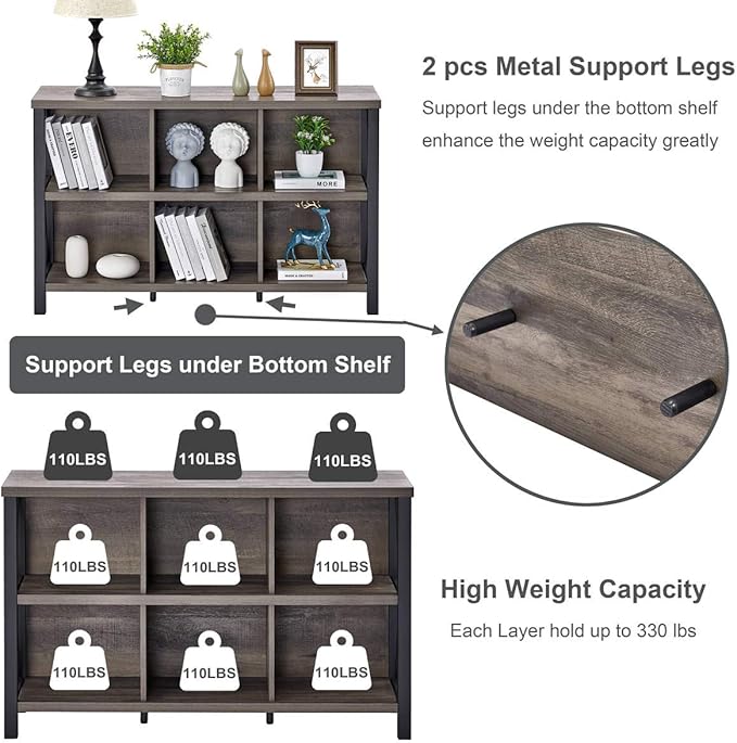 FATORRI Rustic 6 Cube Storage Organizer with Shelf, Wood and Metal Cubby Bookcase, Industrial Horizontal Bookshelf for Living Room, Home Office (Walnut Brown, 47 Inch)-Ruum Studio Home