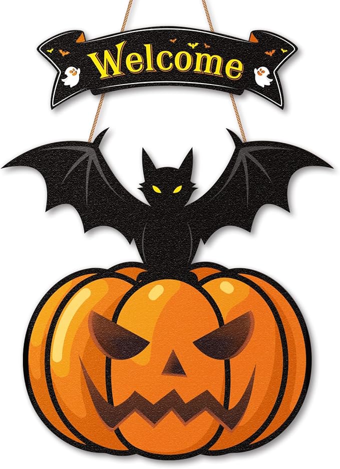 Halloween Door Wreath,Halloween Wall Decorations Wooden Black Bats Pumpkin Halloween Wreaths for Front Door, Halloween Door Decorations Indoor Outdoor Sign-Ruum Studio Home