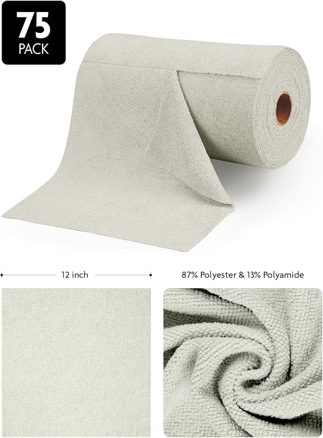 Fantasticlean Microfiber Cleaning Cloth Roll -75 Pack, Tear Away Microfiber Towels, 12" x 12", Reusable, Washable, Scratch Free, Ultra Absorbent Dish Rags for Car, Home, Garage or Shop (Cool Grey)-Ruum Studio Home