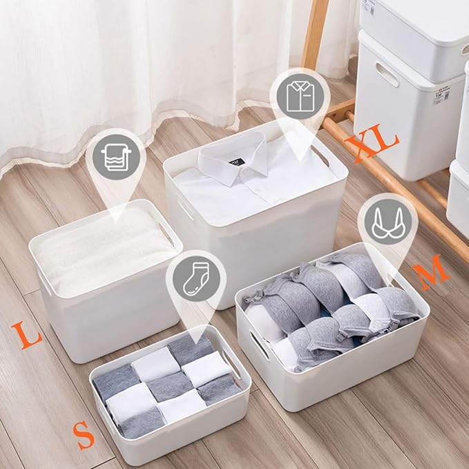 4 pack large plastic White storage bins Baskets, Toy Box Chest with Lids and Handle，Organizer Containers for Baby，Kids,snacks,Nursery，Shelves，Playroom, Bedroom，Office,Closet，home-Ruum Studio Home