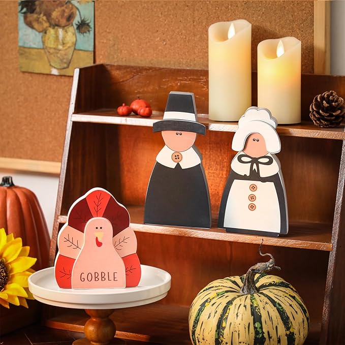 Amorita Fall Thanksgiving Decorations Wooden Turkey Pilgrim Couple Table Sign 3 Pcs Fall Thanksgiving Decor Standing Tabletop Sign Decor for Autumn Harvest - W-Ruum Studio Home