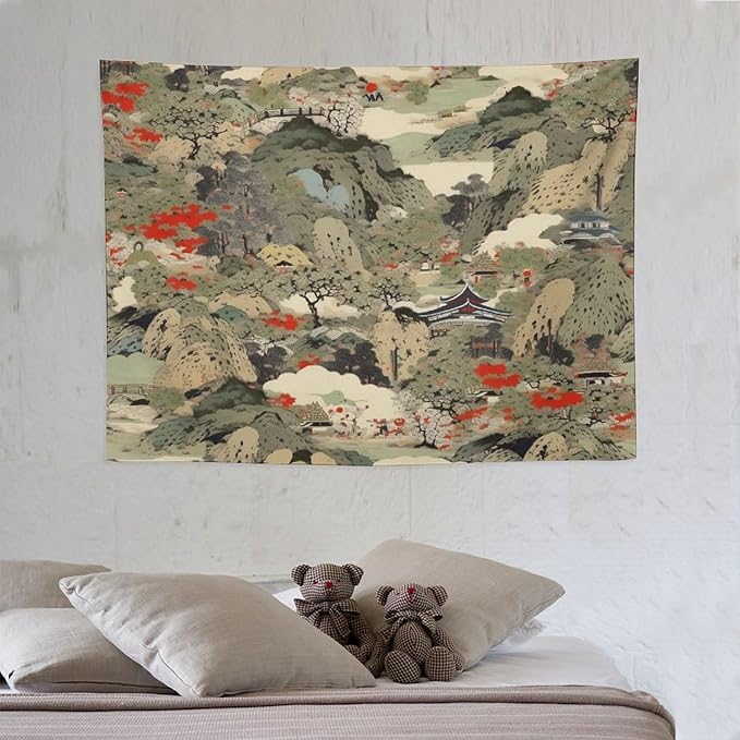 Asian Tapestry, Japanese Red Landscape, Bedroom & Living Room Decor, 40"x30"-Ruum Studio Home