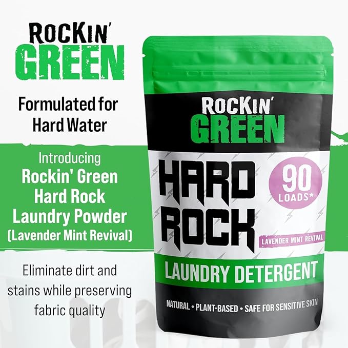 Rockin' Green Hard Rock Laundry Detergent for Hard Water (90 Loads), Plant based, Natural Laundry Detergent Powder, Biodegradable Odor Fighter, Safe for Sensitive Skin, 45 oz (Lavender Mint Revival)-Ruum Studio Home