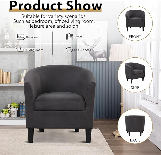 INZOY Modern Accent Chair with Ottoman for Small Space, Club Chair with Ottoman Set, Comfy Fabric Barrel Reading Chairs for Living Room Bedroom, Round Reading Chair with Foot Rest, Dark Grey-Ruum Studio Home