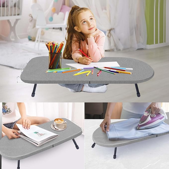 Tabletop Ironing Board with Iron Rest, Metal Mesh Panel Mini Ironing Board with Heat Resistant Cover, Portable Small Iron Board Foldable for Dorms, Apartment and Travel, 32" x12'', Grey-Ruum Studio Home