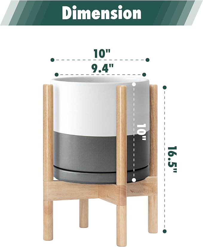 D'vine Dev Ceramic Planter with Natural Stand - 10 Inch Modern Round Flower Pot with Wood Planter Holder, White/Grey, 55-B-K-6-Ruum Studio Home