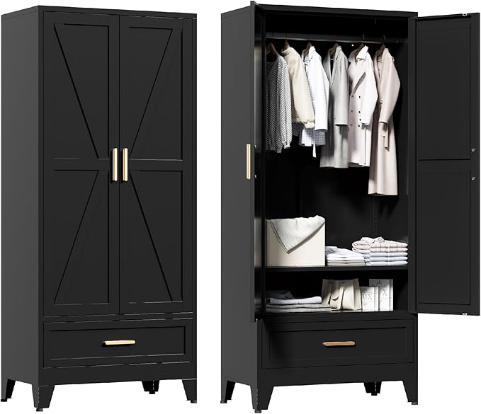 71'' Black Farmhouse Metal Wardrobe Cabinet with Hanging Rod, 2 Barn Door Wardrobe Closet with Adjustable Shelves,Drawer,for Dining Room,Bedroom,Living Room, Cloak Room,Office-Ruum Studio Home